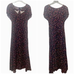 Vintage 90’s Cottage Core Blue Floral Short Sleeve Prairie Spring Maxi Dress
